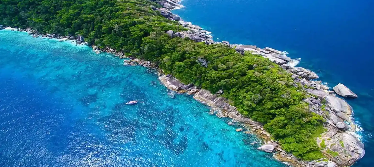 Aerial view of a lush green coastline meeting turquoise waters in Phuket.