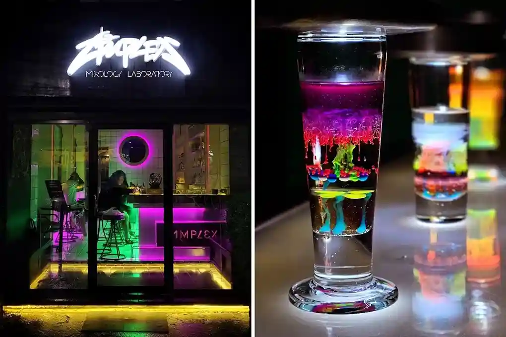 Colorful bar exterior with neon lights, showcasing vibrant drinks in glasses.