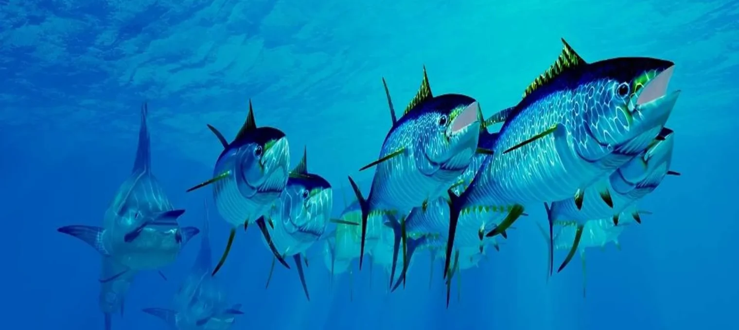 A lively underwater scene showcasing a school of blue fish swimming in clear waters.