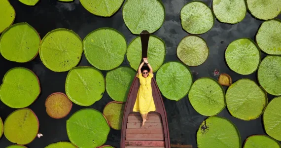 Женщина в желтом платье на лодке среди водяных лилий в Пхукете.