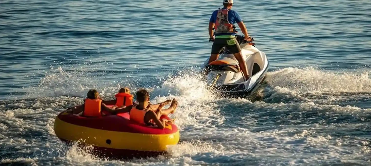 A person riding a jet ski pulls a group on a colorful inflatable raft in Phuket waters.