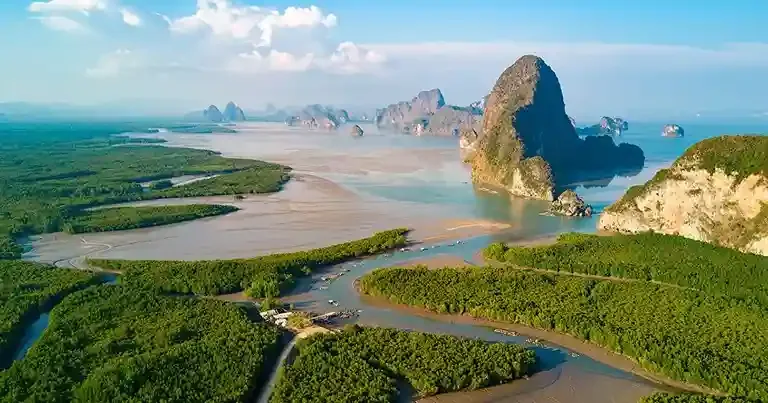 Aerial view of lush green mangroves and limestone cliffs in Phuket, Thailand.
