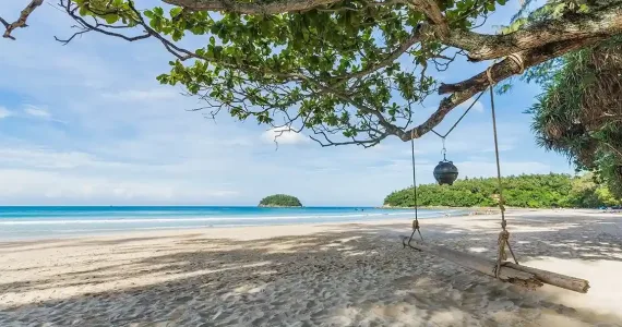 Пляж в Пхукете с качелями под деревом и бирюзовой водой на заднем плане.