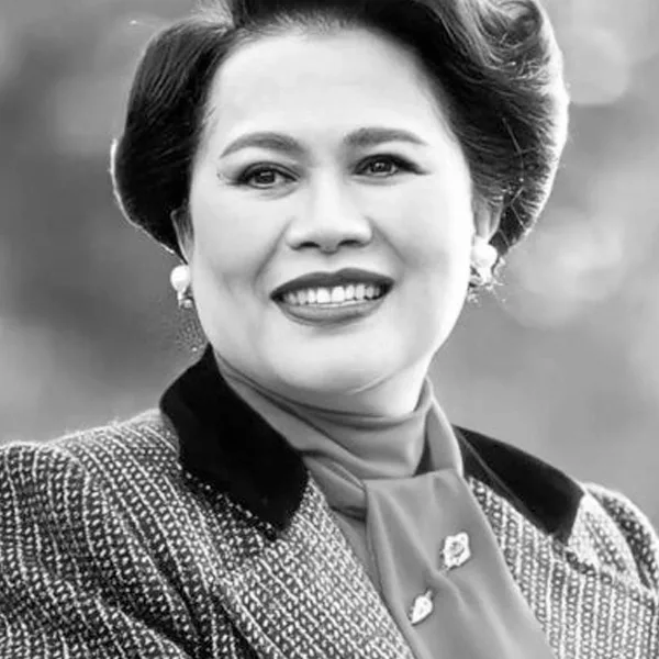 Женщина с улыбкой в элегантном наряде, позирующая на фоне природы.