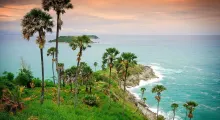 Пейзаж на Пхукете: зелёные холмы с пальмами и морской берег на фоне заката.
