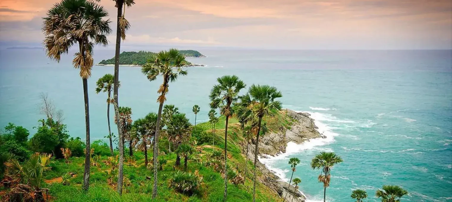 Пейзаж на Пхукете: зелёные холмы с пальмами и морской берег на фоне заката.