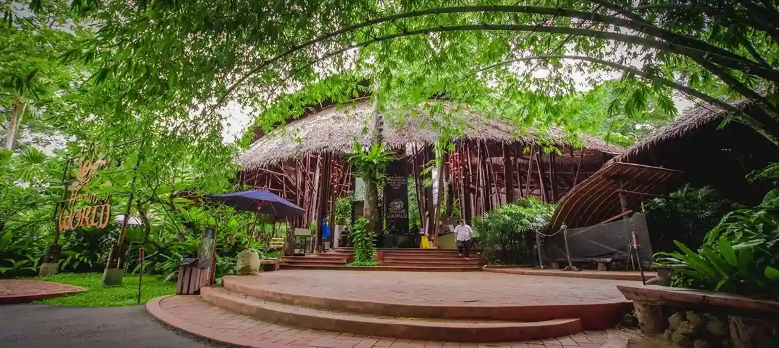 Tropical bamboo restaurant surrounded by lush greenery in Phuket, Thailand.