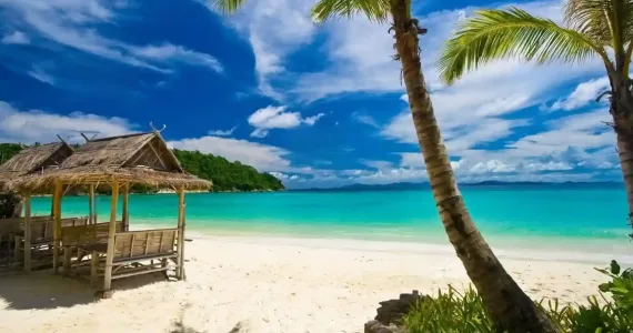 Tropical beach in Phuket with a thatched hut, palm trees, and clear turquoise water.