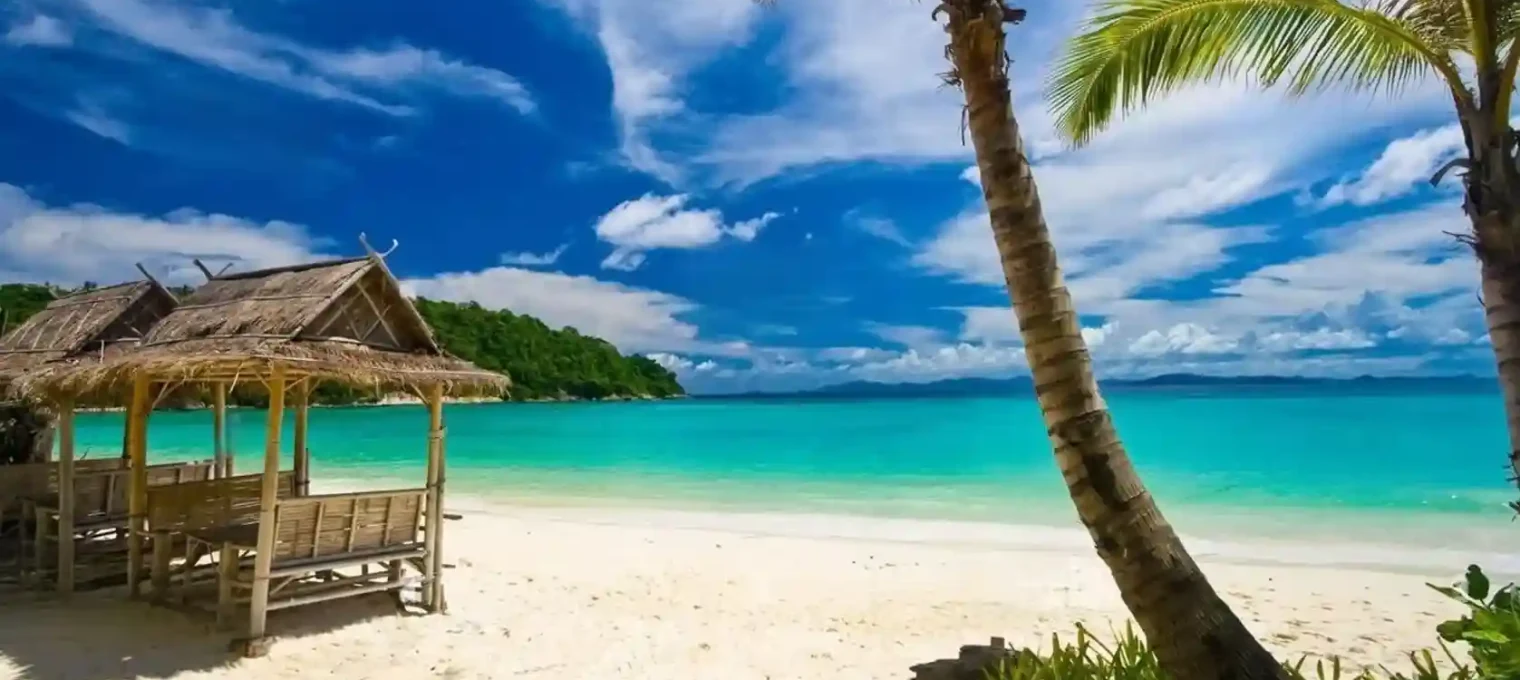 Tropical beach in Phuket with a thatched hut, palm trees, and clear turquoise water.