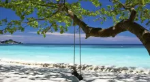 A serene beach in Phuket, featuring a swing hanging from a tree by turquoise waters.