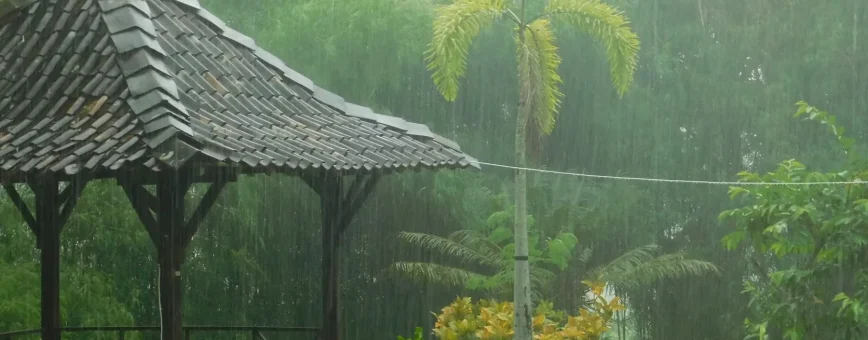 Rain pours over a serene garden gazebo in Phuket, surrounded by lush greenery.